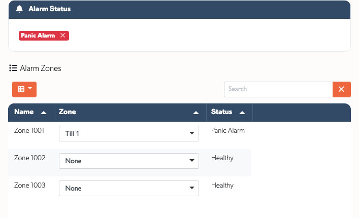 Alarm status badges and the panel zone mapping