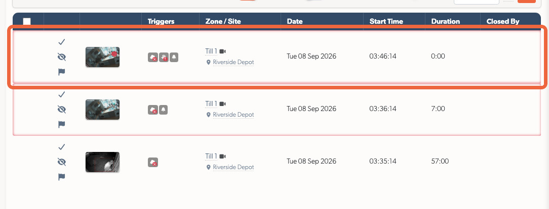A panic from an alarm panel in the events list