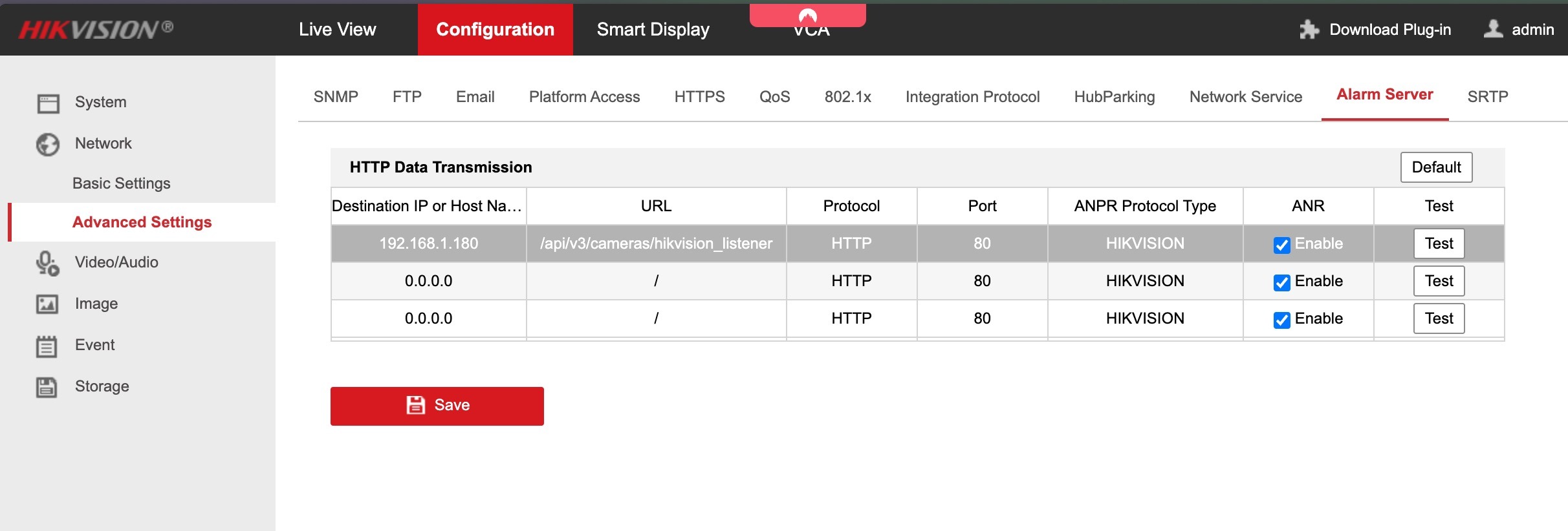 iDS Alarm Server settings