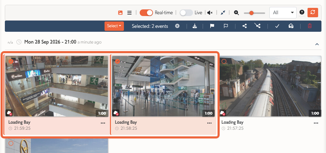 Two event thumbnails selected with a highlighted selection area