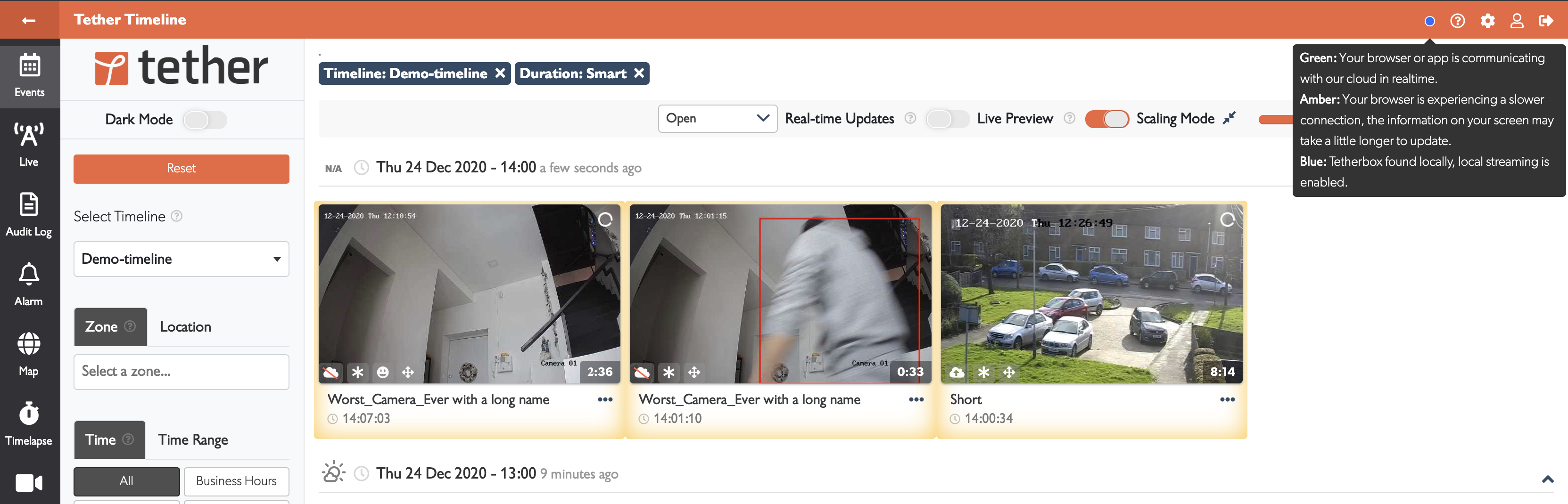 Connection status indicator showing blue for local streaming