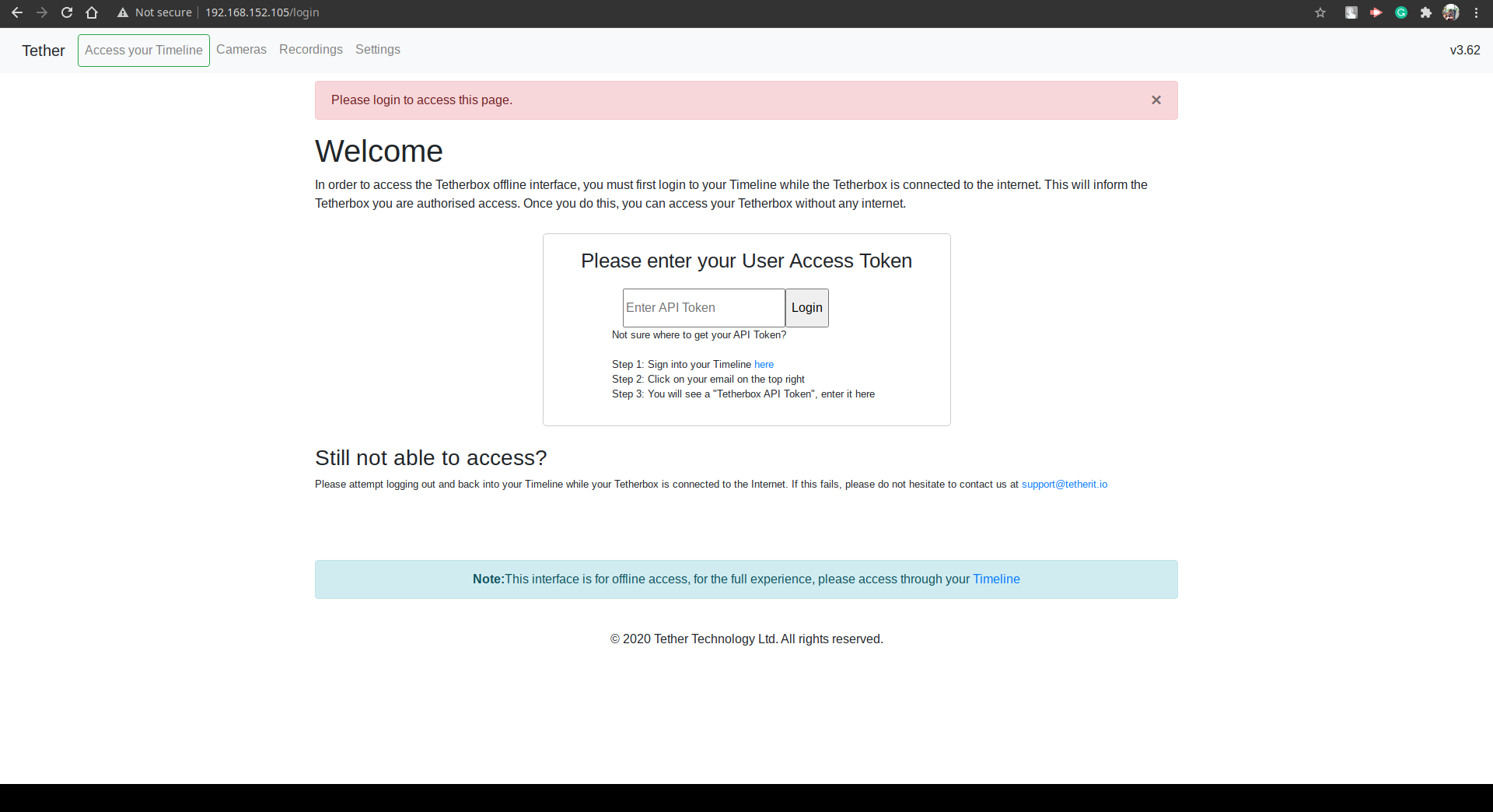TetherBox login page accessed via IP address
