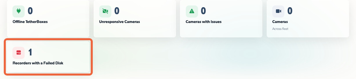 Problem Breakdown cards with Recorders with a Failed Disk highlighted
