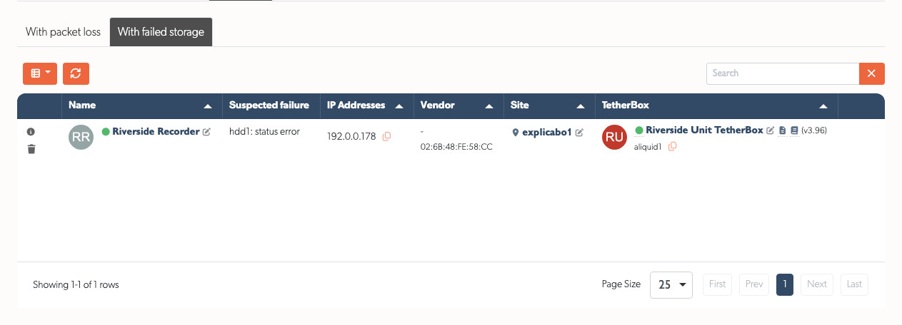 The With failed storage tab listing a recorder that reports a disk error