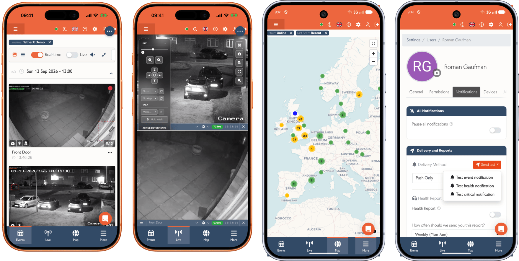The events list and live view on an iPhone, the site map and the notification settings on a Pixel