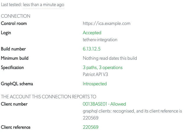 The connection test on a site, reporting an accepted login and a recognised client number