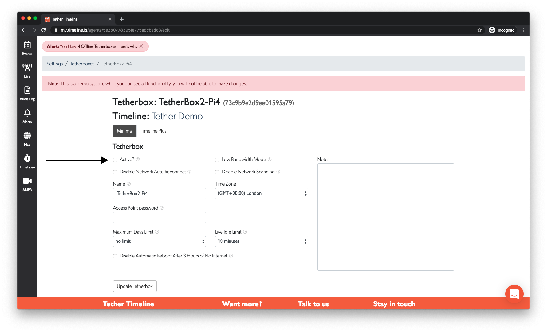 Active checkbox on TetherBox settings