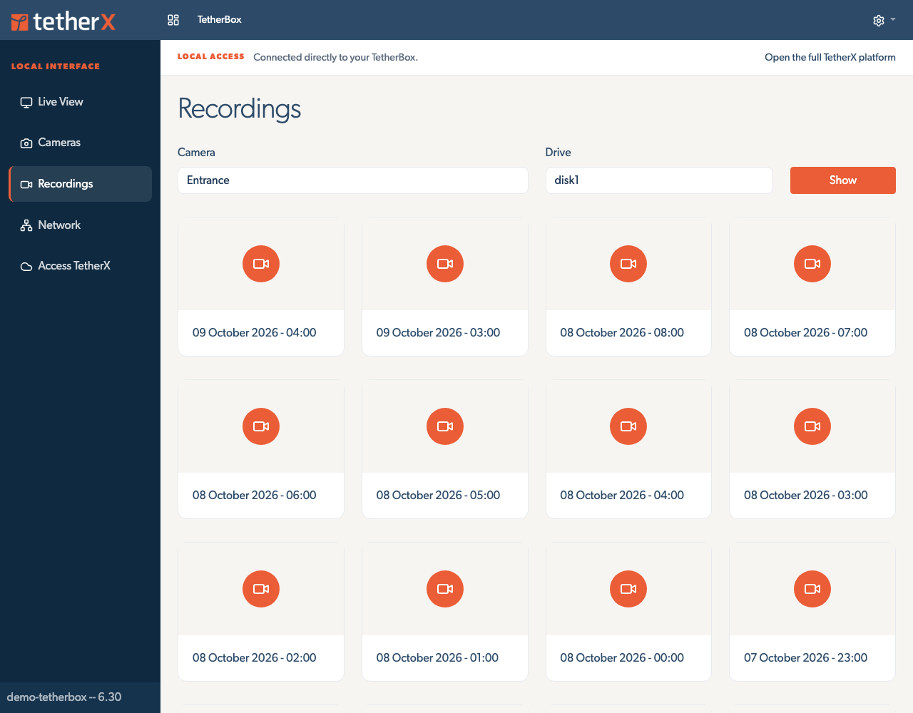 The offline recordings page with a drive, camera and an hour containing footage