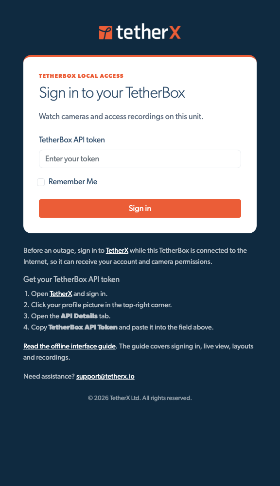 The offline interface sign-in page with an empty token field