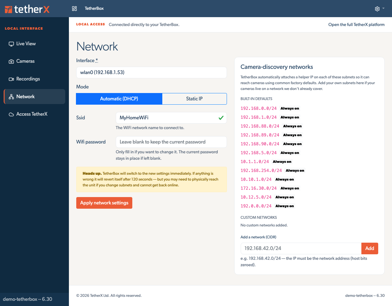 The offline Network page showing wlan0, DHCP, SSID and Wi-Fi password fields