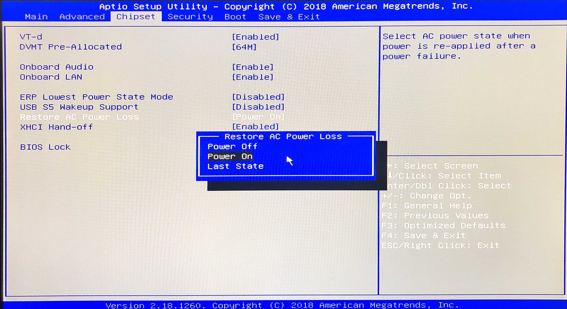 AMI BIOS Restore AC Power Loss setting with Power On selected