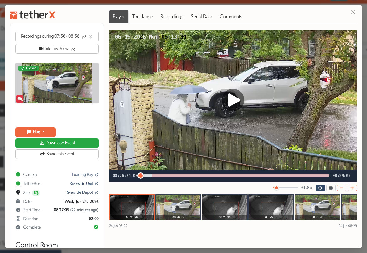 The redesigned event view as a regular user sees it, with the status pill, metadata column and Control Room panel