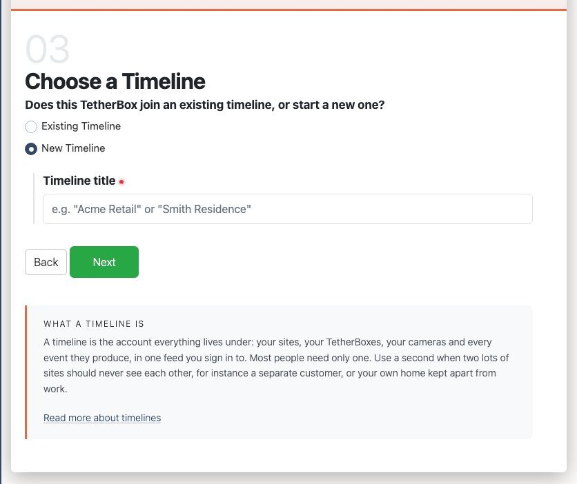 Step 3 of activation, choosing between an existing timeline and a new one