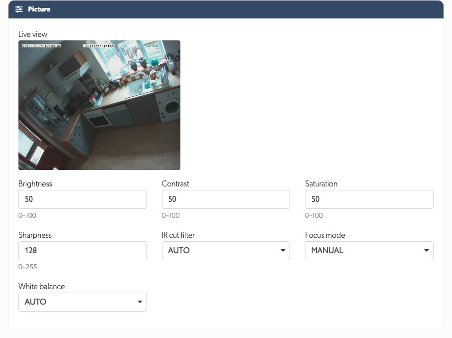 Picture controls on a camera's API tab, with a live still beside brightness, contrast, saturation, sharpness, IR cut filter, focus mode and white balance