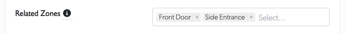 The Related Zones field on a camera's Details tab, holding two of the site's other zones