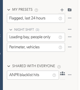 The saved searches of the events sidebar, with a heading holding 2 of them and one shared with the timeline