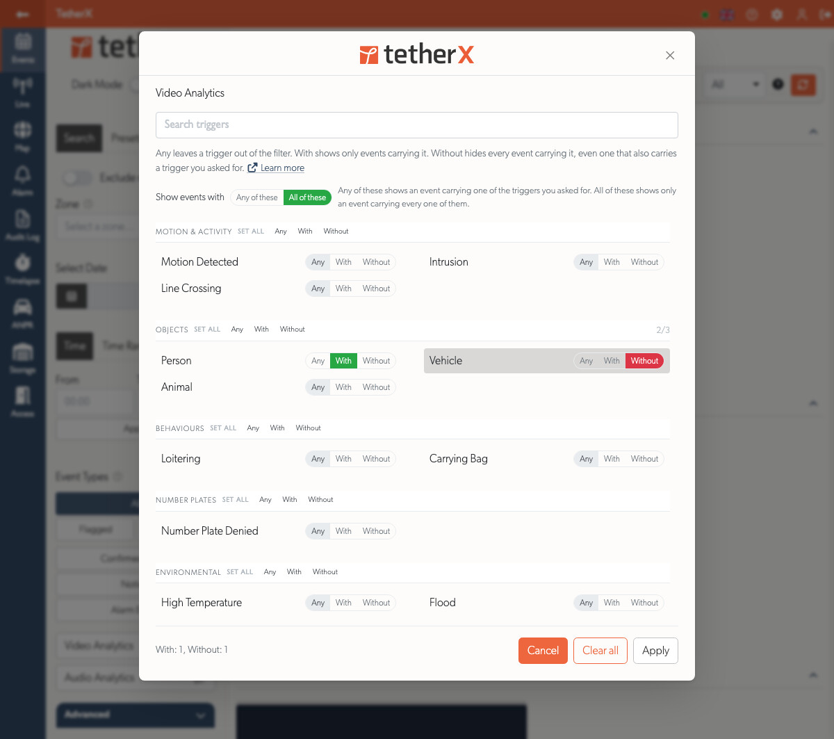 The video analytics picker, with Person included and Vehicle ruled out