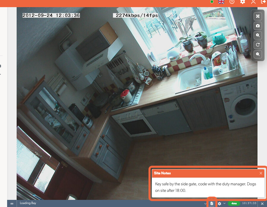 Site notes open beside the camera name on a live view tile